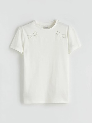 LC Waikiki Ekru Fiyonk Nakışlı Kız Çocuk Tişört