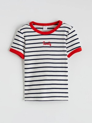 LC Waikiki Lacivert Nakışlı Çizgili Kız Çocuk Tişört