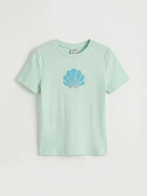 LC Waikiki Turkuaz Bisiklet Yaka Nakışlı Kız Çocuk Tişört