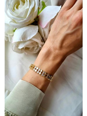 Initium Premium Paslanmaz Çelik Çift Sıra Kalp Model Zirkon Taşlı 14K Gold Bileklik