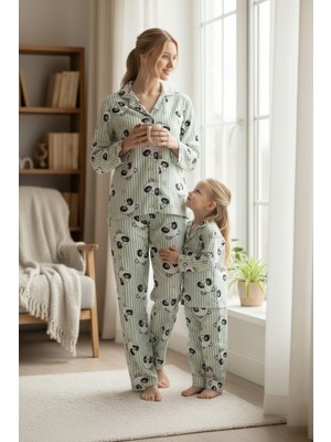 Arn Homewear Anne Kız Kombini Panda Desenli Çizgili Milan Pijama Takımı (Tek Takım Fiyatıdır)