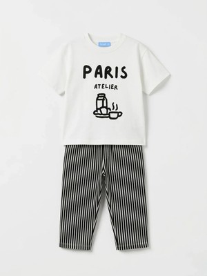 Magu Unisex Çocuk Pamuklu Ekru Baskılı Tişört Çizgili Eşofman Takım - Siyah Beyaz