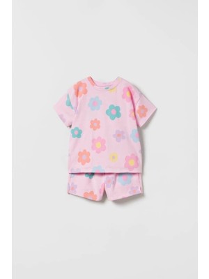 VİTASTORETR Papatya Çiçek Desenli Pembe Şortlu Takım