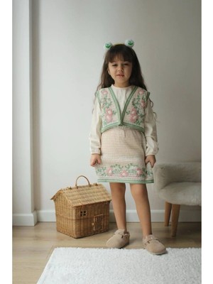 VİTASTORETR Çiçek Işleme Örme Yelek Etek Üçlü Takım