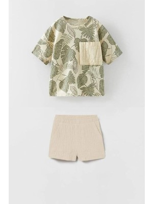 VİTASTORETR Yaprak Desenli Yama Cepli Müslin Kumaş Şortlu Çocuk Ikili Takım