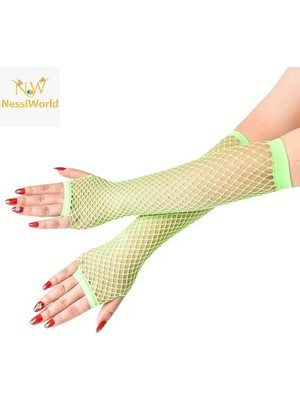 NessiWorld 80’ler 90’lar Retro Neon Yeşil File Parmaksız Eldiven 26 cm