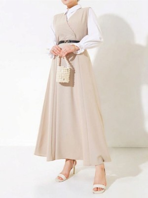 Modamorfo Önü Çift Düğmeli Kemerli Jile -Bej