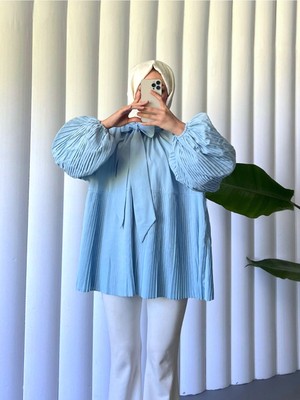 Modamorfo Yakası Bağcıklı Kolları ve Eteği Pliseli Tunik -Bebe Mavi