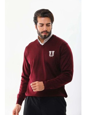 Baskılı V Yaka Uzun Kol Dokuma Triko - Bordo