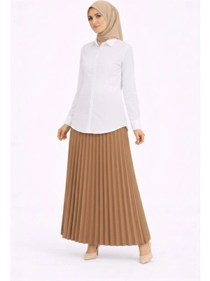 Pileli Store Tesettür Beyaz Gömlekli Pliseli Etek Ikili Takım Gündelik ve Ofis Şıklığı - Kahverengi