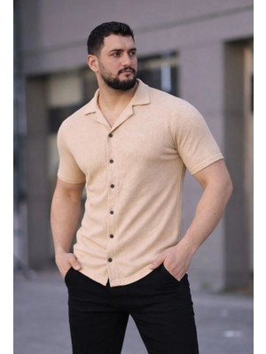 Pileli Store Erkek Waffle Kumaş Kısa Kollu Düğmeli Açık Yaka Regular Fit Gömlek - Bej