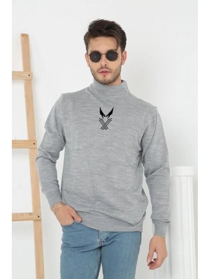 Pileli Store Yarım Boğazlı Baskılı Dokuma Triko - Gri