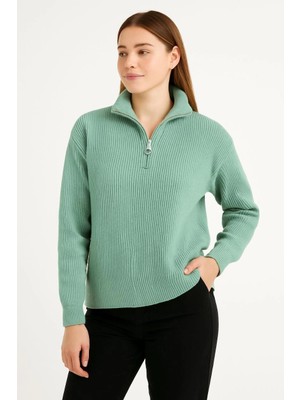 Pileli Store Yarım Fermuarlı Triko Kazak - Mint Yeşili