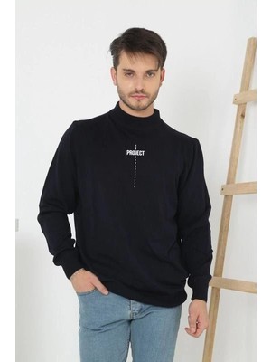 Pileli Store Baskılı Yarım Boğazlı Uzun Kol Dokuma Triko - Siyah