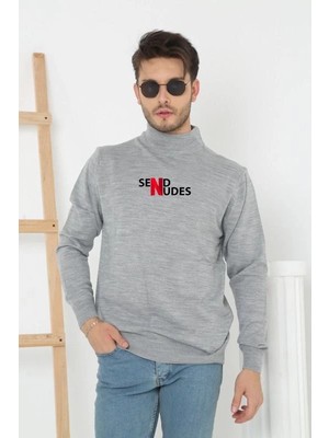 Pileli Store Yarım Boğazlı Baskılı Dokuma Triko - Gri