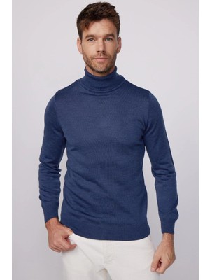 Pileli Store Tam Boğazlı Balıkçı Yaka Dokuma Triko - Indigo