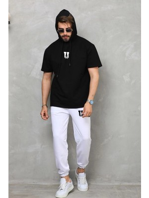 Pileli Store Kapşonlu Oversize T-Shirt Takım - Siyah