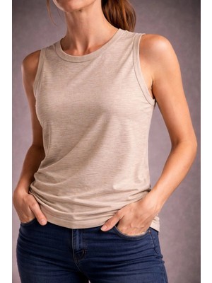 Kadın Flamlı Kumaş Kolsuz Atlet Günlük Fitness Spor T-Shirt - Taş