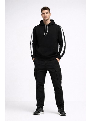 Pileli Store Erkek Şeritli Kapüşonlu Sweatshirt Oversize 3 Iplik Pamuklu Hoodie - Siyah