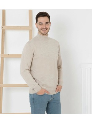 Pileli Store Erkek Yarım Boğaz Triko Yumuşak Ince Dokulu Pamuklu Uzun Kollu Kazak - Krem