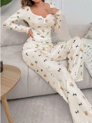 Kadın Ekru Ayıcık ve Fiyonk Desenli Yumuşak Pamuklu Uzun Pijama Takımı 5129