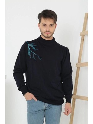 Pileli Store Yarım Boğazlı Baskılı Dokuma Triko - Siyah