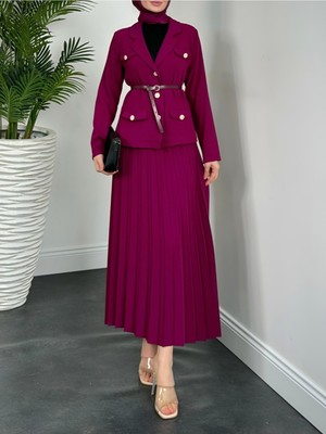 Modamorfo Eteği Piliseli Kemerli Düğmeli Ceketli Takım -Mor