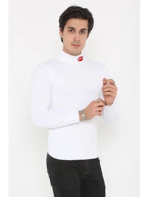 Pileli Store Erkek Yarım Bağazlı Kazak Öpücük Baskılı Dokuma Triko - Beyaz