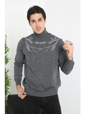 Baskılı Tam Boğazlı Uzun Kol Dokuma Triko - Antrasit