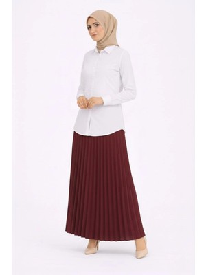 Pileli Store Tesettür Beyaz Gömlekli Pliseli Etek Ikili Takım Gündelik ve Ofis Şıklığı - Bordo