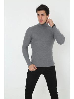 Erkek Fitilli Kaşkorse Kumaş Boğazlı Full Likralı Slimfit Body - Füme