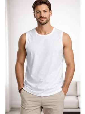 Erkek Flamlı Kumaş Kolsuz Atlet Günlük Fitness Spor T-Shirt - Beyaz