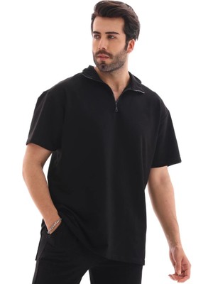 Yarım Fermuarlı Düz Oversize T-Shirt - Siyah