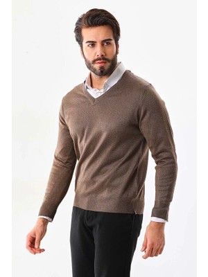 Pileli Store Erkek V Yaka Kazak Uzun Kol Düz Dokuma Triko - Vizon