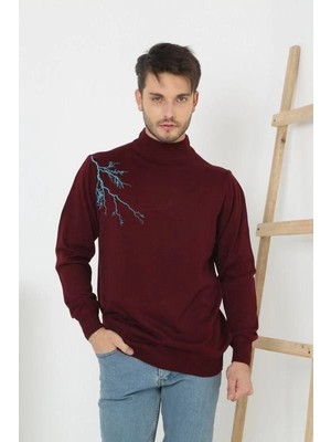 Pileli Store Yarım Boğazlı Baskılı Dokuma Triko - Bordo