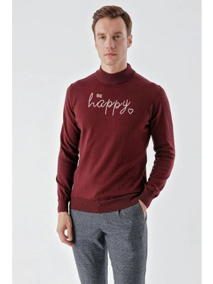 Pileli Store Baskılı Uzun Kol Yarım Boğazlı Dokuma Triko - Bordo