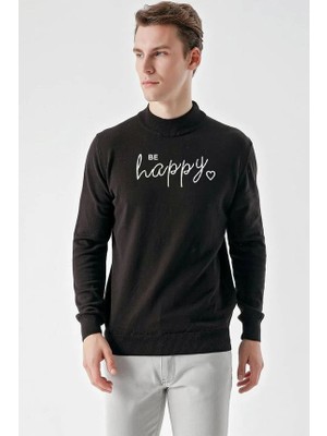 Pileli Store Baskılı Uzun Kol Yarım Boğazlı Dokuma Triko - Siyah