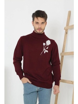 Pileli Store Baskılı Yarım Boğazlı Uzun Kol Dokuma Triko - Bordo