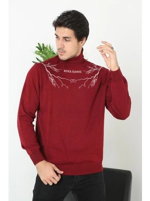 Pileli Store Baskılı Tam Boğazlı Uzun Kol Dokuma Triko - Bordo