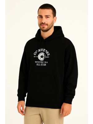 Pileli Store Kapşonlu Sweatshirt Ön  Arka Baskılı Siyah