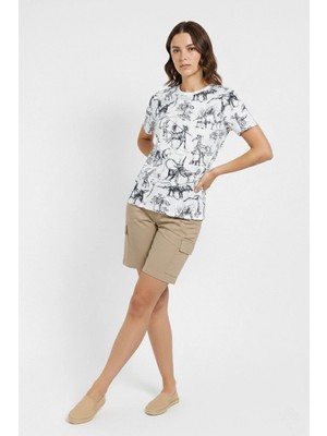 Pileli Store Kadın Dinozor Dijıtal Ön ve Arka Baskılı Tişört Bisiklet Yaka T-Shirt - Beyaz