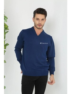 Pileli Store Baskılı V Yaka Uzun Kol Dokuma Triko - Indigo