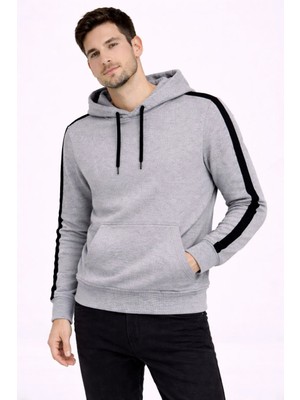 Pileli Store Erkek Şeritli Kapüşonlu Sweatshirt Oversize 3 Iplik Pamuklu - Gri