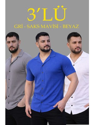Erkek Waffle Kumaş Yakalı Kısa Kol Düğmeli Gömlek 3’lü Set Gri-Saks Mavisi-Beyaz