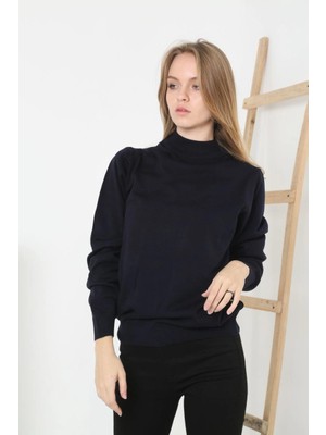 Pileli Store Yarım Boğaz Triko Kazak  At Regular Kalıp - Siyah