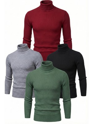 4'lü Siyah, Bordo, Gri, Haki   Kaşkorse Boğazlı Full Likralı Fitilli Body Kazak