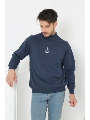 Pileli Store Yarım Boğazlı Baskılı Dokuma Triko - Indigo