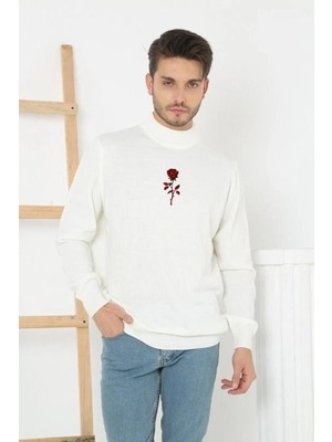 Pileli Store Yarım Boğazlı Baskılı Dokuma Triko - Beyaz