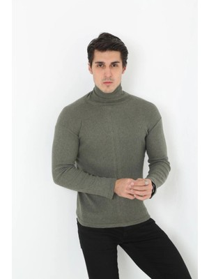 Erkek Fitilli Kaşkorse Kumaş Boğazlı Full Likralı Slimfit Body - Haki