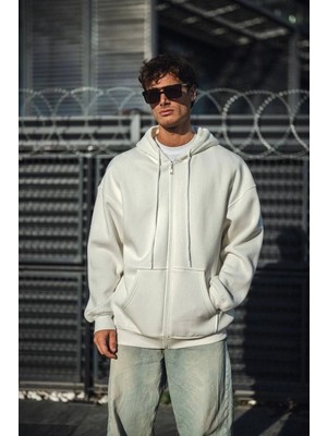 Pileli Store Oversize Tam Fermuarlı Uzun Kol Hırka - Beyaz